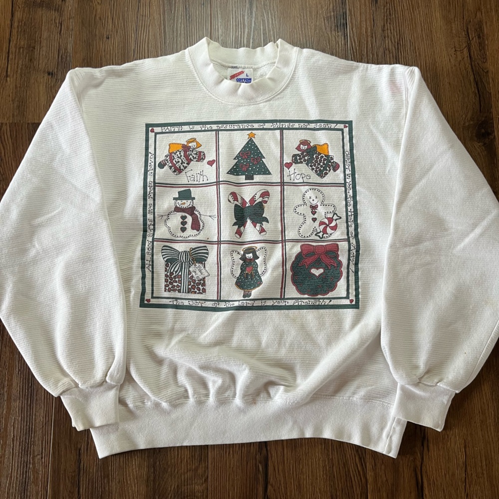 Festive White Sweatshirt with Holiday Graphics